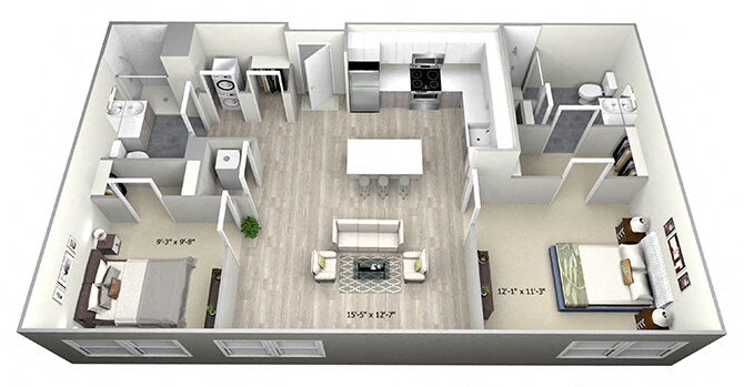 Floor plan for 2 beds, 2 baths, 832 sqft